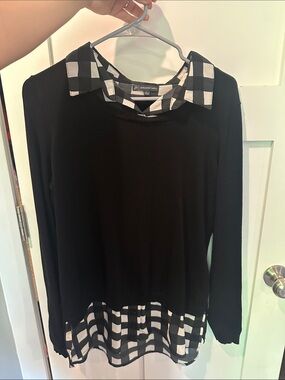 Adrianna Papell Black Knit Top with Black & White Gingham Trim